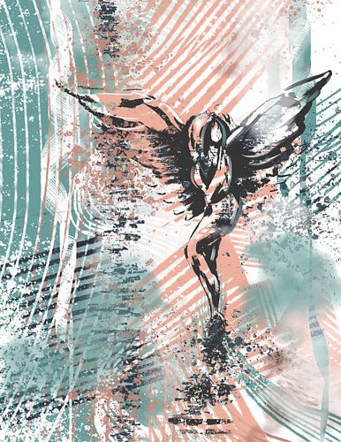 Grafisch kunstwerk engel in turquoise blauw wit en zalm