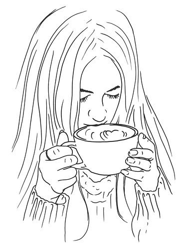 Enjoying a large cup of cappuccino (line art line drawing cappuccino kitchen portrait woman coffee