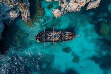 Een luchtfoto toont een oud piratenschip van Digitale Schilderijen