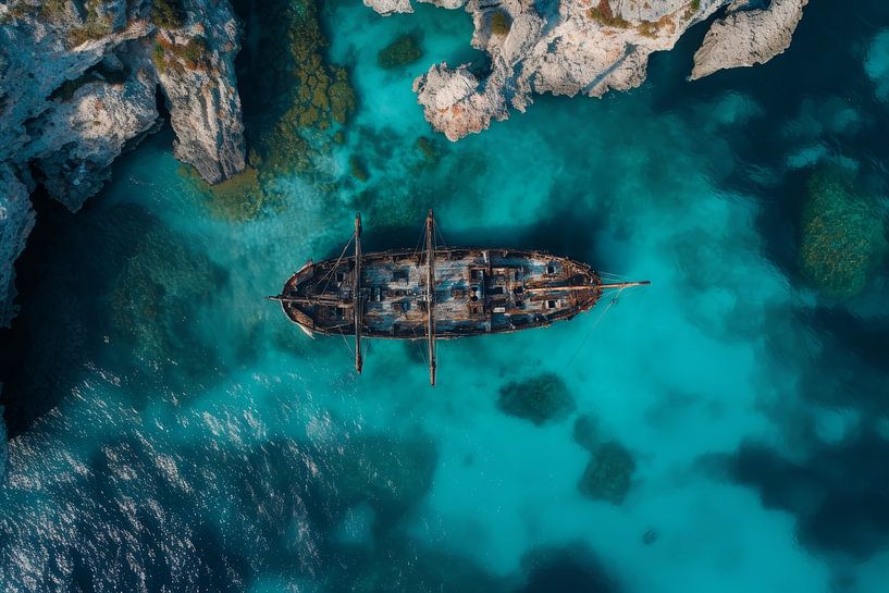 An aerial view shows an old pirate ship by Digitale Schilderijen