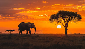 Einsamer Elefant in Afrika Panorama Sonnenuntergang gelb-orange