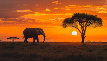 Eenzame olifant in afrika panorama zonsondergang geel-oranje van TheXclusive Art