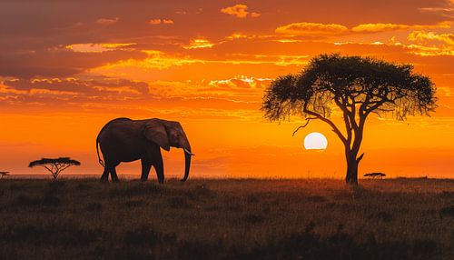 Eenzame olifant in afrika panorama zonsondergang geel-oranje