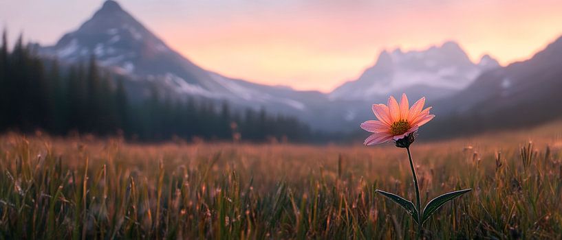 Floraison devant des montagnes majestueuses par Poster Art Shop