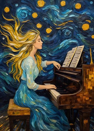 Vrouw speelt piano onder sterrenhemel