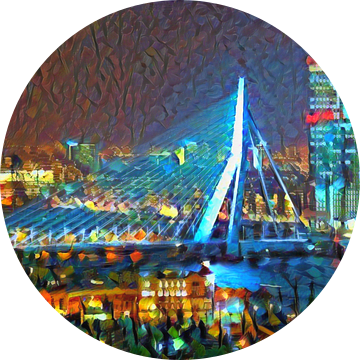 Kleurrijk Schilderij Erasmusbrug Rotterdam in de Avond van Slimme Kunst.nl