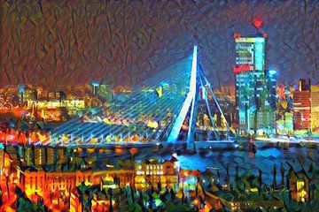 Peinture colorée Pont Erasmus Rotterdam en soirée sur Slimme Kunst.nl