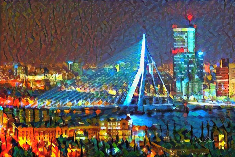 Kleurrijk Schilderij Erasmusbrug Rotterdam in de Avond van Slimme Kunst.nl