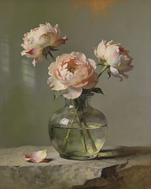 Rosa Pfingstrosen in einer klaren Glasvase von OEVER.ART