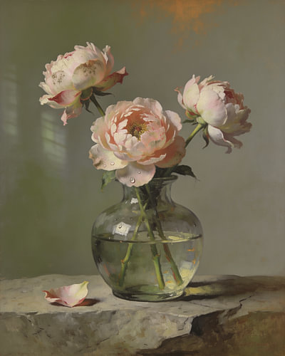 Pink and Cream Peonies in a Glass Vase