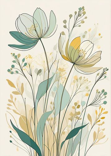 Elegante illustratie van botanische bloemen in pastelkleuren met minimalistische bladeren van hisam colours