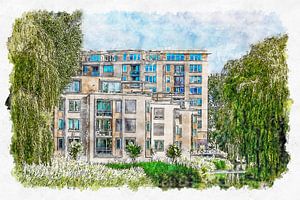 Appartementencomplex Waterland Roosendaal (aquarel) van Art by Jeronimo