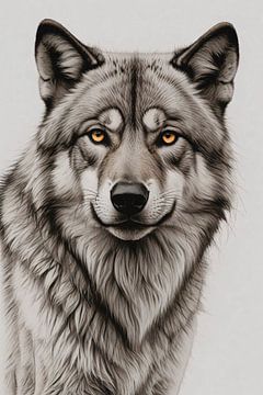 Le regard intense d'un loup gris sur De Muurdecoratie