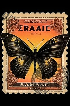 Unieke Vintage Postzegel met Zwarte Vlinder van Digitale Schilderijen