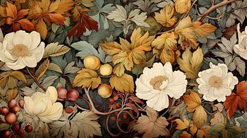 Botanische print met witte bloemen en herfstbladeren van Vlindertuin Art