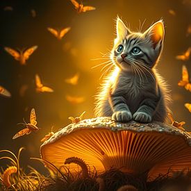 Cat on a mushroom by Linda de Klein