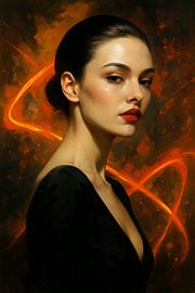 Woman in stillness - timeless painting with abstract background