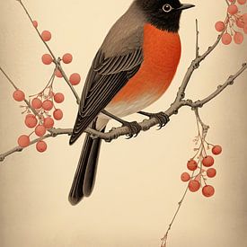 Roodborstje in Japandi stijl van True Nature Art