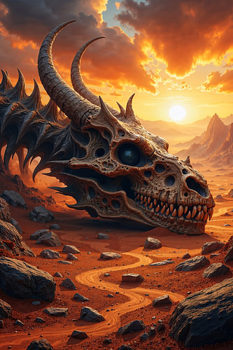 Fantasy Gothic Wall Art: ZERAKHUL - The Skeleton of a Dragon in the Desert
