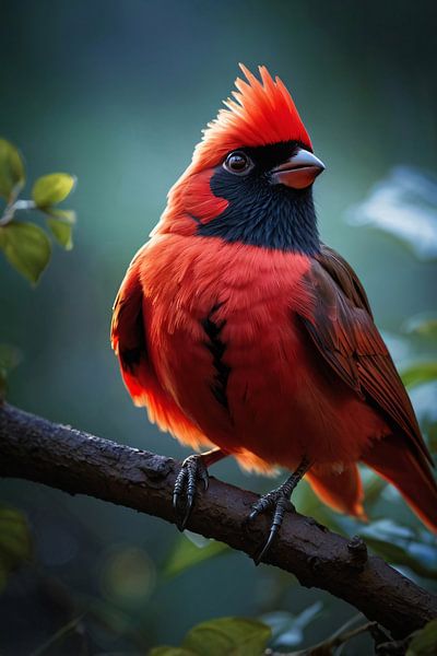 Wunderschöner roter Vogel auf Ast von Art & Soul Creations