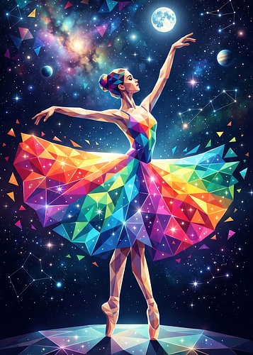 Geometrische regenboogballerina onder de maan