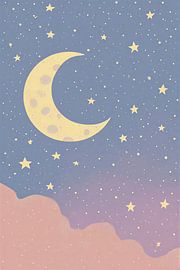 Magical Moon and Stars Celestial Wall Art - Minimalist Ombre Night Sky Illustration with Pink Clouds by VICTOR S