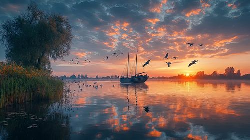 olieverf schilderij polderlandschap met boot