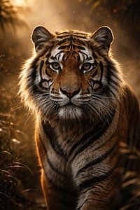 Tigre pénétrant dans la lumière dorée du soleil – affiche artistique puissante sur la faune sauvage