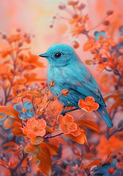 Oiseau bleu &amp ; fleur de cerisier orange sur Bianca ter Riet