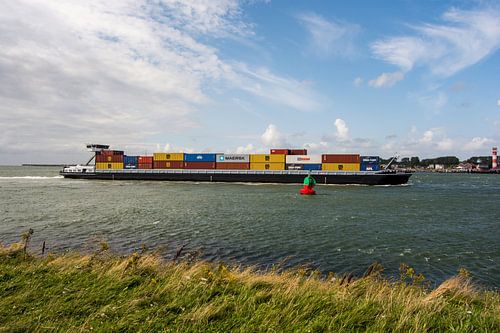 Containerschip Sarina door het Breeddiep geladen met containers.