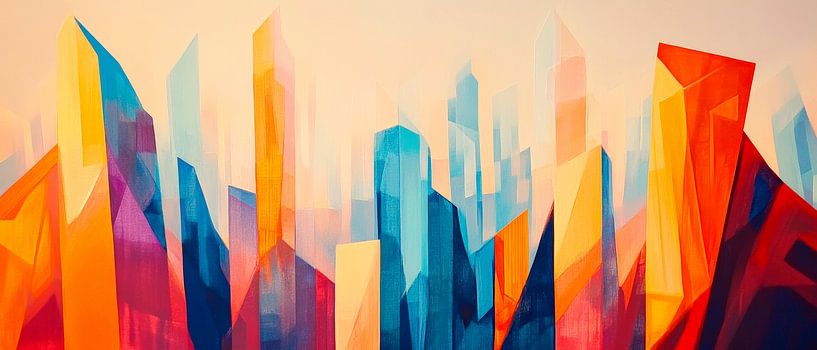 Colourful geometric cityscape by Poster Art Shop