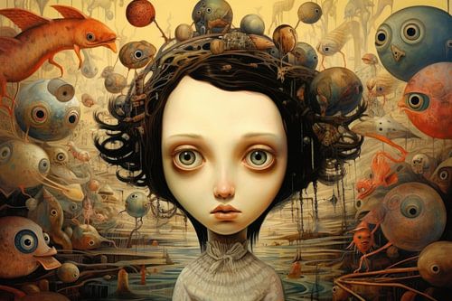 Meisje in een sprookjes landschap met bizarre dieren