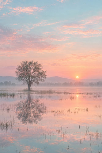 Einsamer Baum im Morgendunst