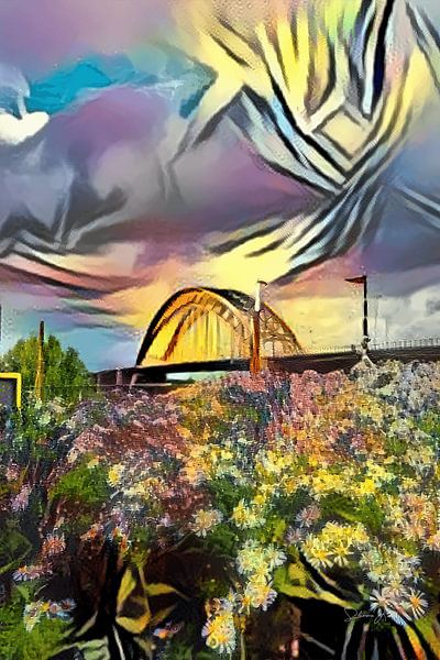 Gemälde Nijmegen Waalbrug mit Blumen von Slimme Kunst.nl