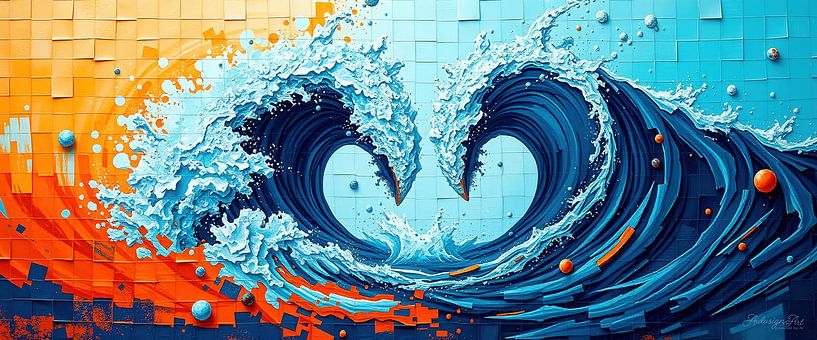 Peinture acrylique abstraite panoramique - Une mer fragmentée forme un cœur palpitant par AidasignArt