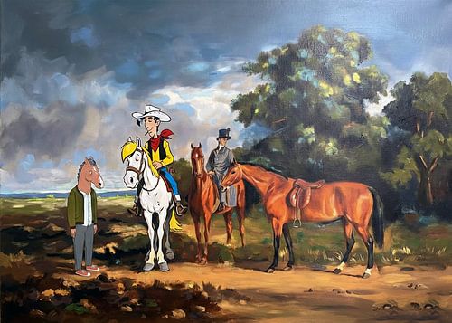 Pop-Kultur Mashup – Lucky Luke & BoJack in klassischer Landschaft