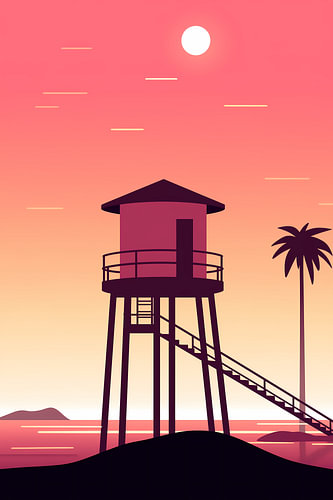 Rettungsschwimmerturm bei rosa Sonnenuntergang | Küstenkunst