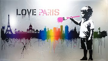 Banksy Hommage Litte Boy Brush Skyline - Love Paris