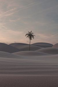 Sand dunes of the desert with a single palm tree in the middle by Besa Art