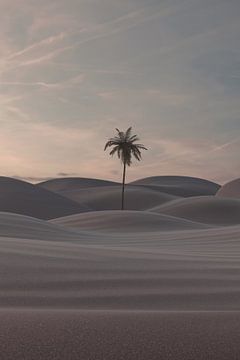 Zandduinen van de woestijn met een enkele palmboom in het midden van Besa Art