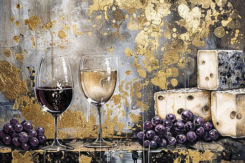 Abstract schilderij van wijn en kaas