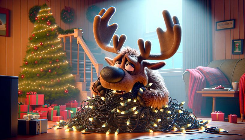 Rendieren verstrikt in kerstverlichting van artefacti