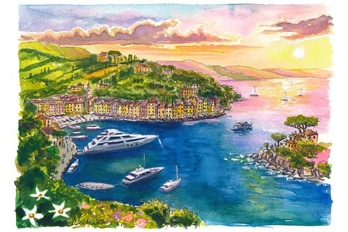 Portofino Port Lever du soleil Voyage Art avec yachts et lumière méditerranéenne