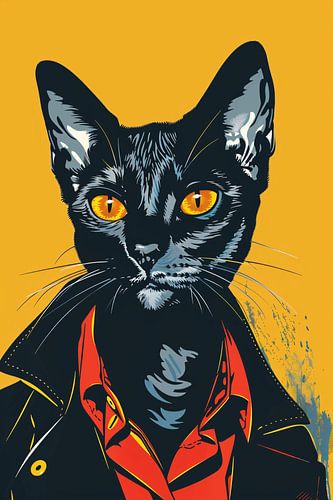 Zwarte Kat met Leren Jas Pop Art