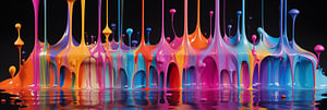 Bunte Acrylfarbe, die mit flüssigen Tropfen tropft, auf schwarzem Hintergrund Kunst Design