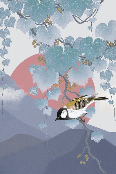 Grande mésange sur une branche de paulownia par Marja van den Hurk