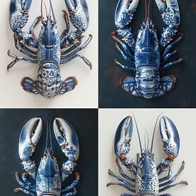 collage of four images of a lobster with Delft blue armour by Margriet Hulsker