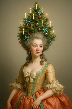 Rococo kerstportret met boompruik en kaarsen in klassieke stijl