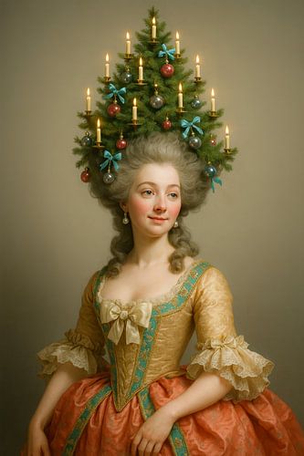 Portrait de Noël rococo avec perruque d'arbre et bougies de style classique