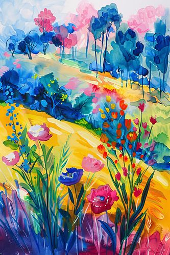 Kleurrijk aquarel van zomerse bloemen en bomen